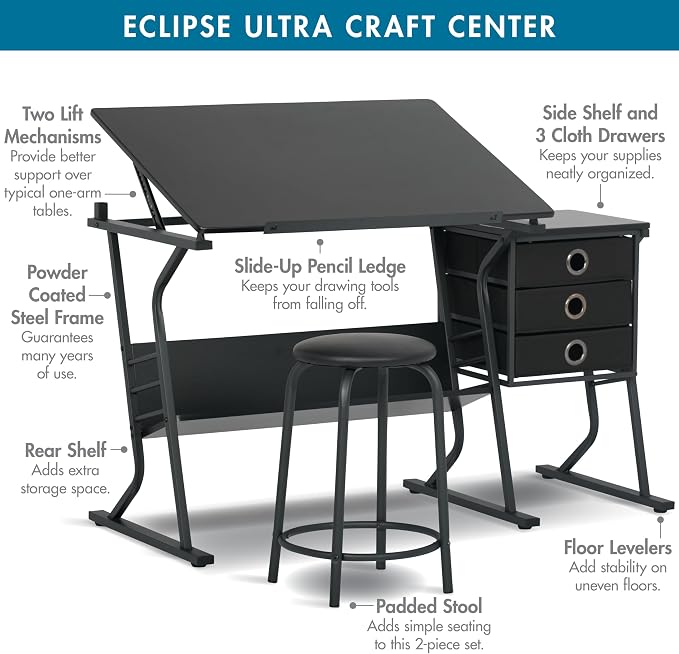 2 Piece Eclipse Ultra Center/Drawing Table with Stool, Angle Adjustable Top, Storage Shelves, and Drawers