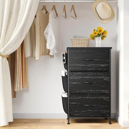 Night Stand Set 2, Night Stand with Drawers for Bedroom, Bedside Table with Wooden Top, Sturdy Steel Frame End Table, Dorm Nightstand for Bedroom, Entryway, Hallway, Closet, Cloth Bags, Hooks, Black