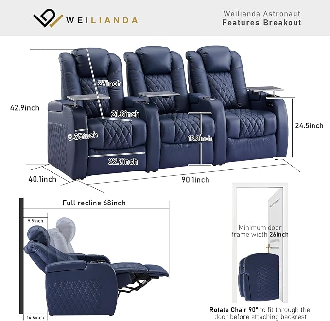 Weilianda Home Theater Seating Top Grain Leather Zero Gravity Recliner Chair Power Headrest Recline Movie Seat Gaming 7 Colors Mood Light Sofa with Tray Table USB Charge Row of 3 Blue
