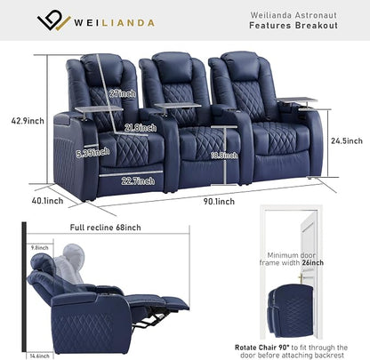 Weilianda Home Theater Seating Top Grain Leather Zero Gravity Recliner Chair Power Headrest Recline Movie Seat Gaming 7 Colors Mood Light Sofa with Tray Table USB Charge Row of 3 Blue