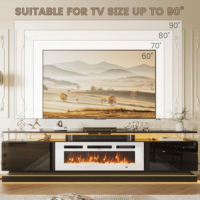 80" Fireplace TV Stand, Modern Entertainment Center for TVs Up to 90", TV Console with Storage Cabinets, Media Console for Living Room, Black TV Stand and White Fireplace