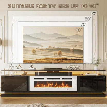 80" Fireplace TV Stand, Modern Entertainment Center for TVs Up to 90", TV Console with Storage Cabinets, Media Console for Living Room, Black TV Stand and White Fireplace