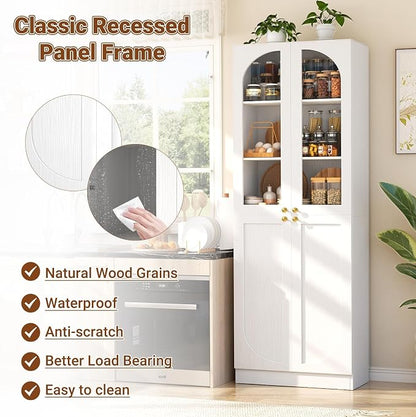 Cyclysio 80" Kitchen Pantry, Tall Arch Storage Cabinet with Tempered Glass & Soft Close Doors, Freestanding Wood Floor Cupboard Bookcase with Seamless Fit Wall for Dining Room, Living Room, Bathroom