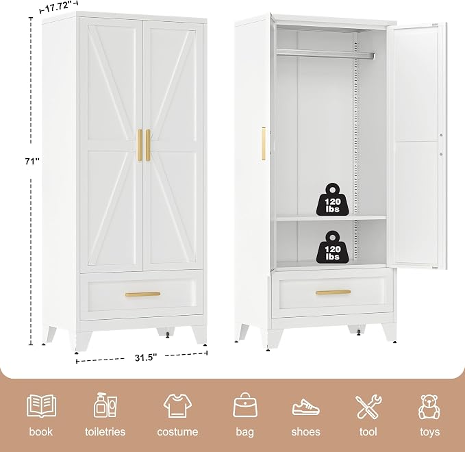 LCAOPC 71" Tall Metal Wardrobe Cabinet with Drawer and Hanging Rod, 2 Doors Armoire Wardrobe Closet with Shelf for Bedroom, Office, Laundry Room, White