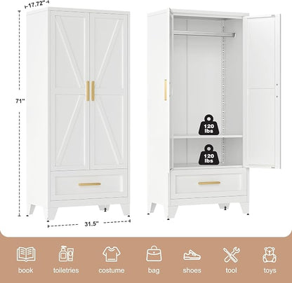 LCAOPC 71" Tall Metal Wardrobe Cabinet with Drawer and Hanging Rod, 2 Doors Armoire Wardrobe Closet with Shelf for Bedroom, Office, Laundry Room, White
