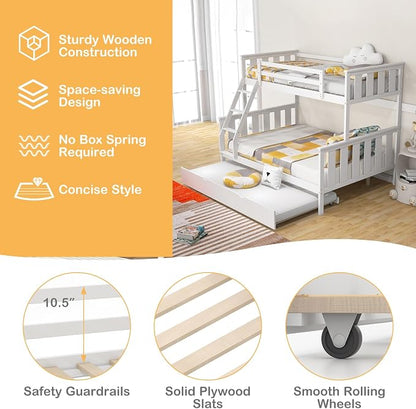 KOMFOTT Twin Over Full Bunk Bed with Trundle, Wood Bunk Bed with Pull-Out Trundle Bed, Solid Wood Frame, Ladder & Safety Guardrails, Convertible to 2 Separated Beds, No Box Spring Needed (White)