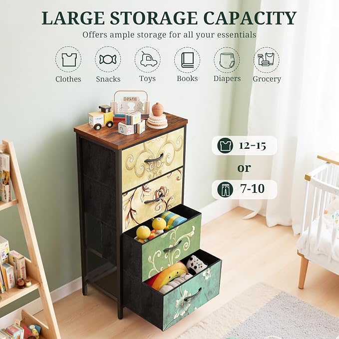 4 Drawers Dresser for Bedroom, Fabric Storage Tower Organizer with Wooden Top and Steel Frame, Tall Chest of Drawers for Closet, Entryway, Dorm, Floral Painted