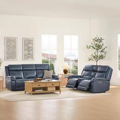 Watson & Whitely Power Reclining Sofa and Loveseat Sets, Genuine Leather Sofa Recliner Couch Set with Power Headrest, Storage Console, USB Ports, Cup Holders, Living Room Furniture Set, Navy Blue