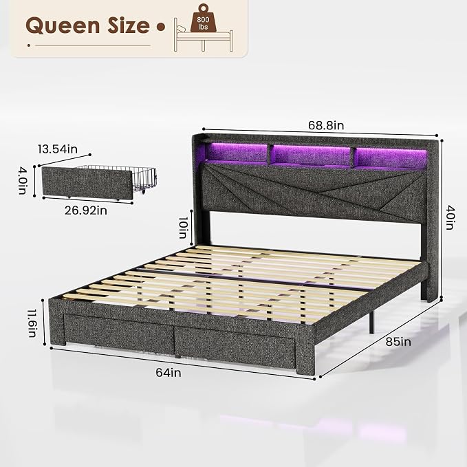 Driftalia Queen Bed Frame with 2-Tier Storage Headboard, Upholstered Bed Frame Queen Size with 2 Drawers, Charging Station and LED Lights, No Box Spring Needed, Easy Assembly - Dark Grey