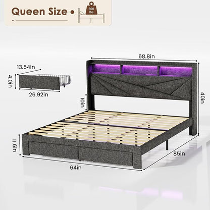 Driftalia Queen Bed Frame with 2-Tier Storage Headboard, Upholstered Bed Frame Queen Size with 2 Drawers, Charging Station and LED Lights, No Box Spring Needed, Easy Assembly - Dark Grey