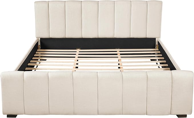 Merax California King Upholstered Panel Bed with Curved Headboard, Beige | Thick Linen Headboard and Footboard with Solid Rubberwood Legs for a Refined Bedroom Look