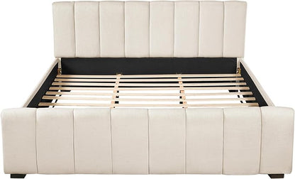 Merax California King Upholstered Panel Bed with Curved Headboard, Beige | Thick Linen Headboard and Footboard with Solid Rubberwood Legs for a Refined Bedroom Look