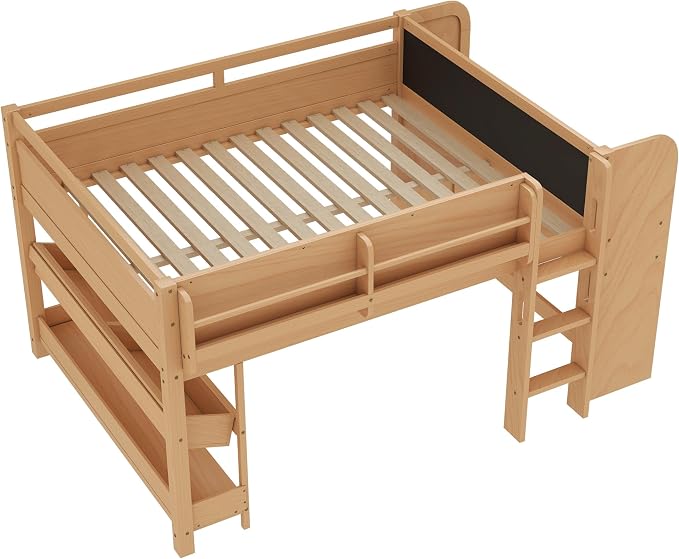 Bellemave Full Size Low loft Bed with Desk and bookcases, Boxes and Drawers for Kids,Wood Modern Farmhouse Kids Loft Beds with Shelf, Natural