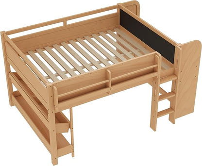 Bellemave Full Size Low loft Bed with Desk and bookcases, Boxes and Drawers for Kids,Wood Modern Farmhouse Kids Loft Beds with Shelf, Natural