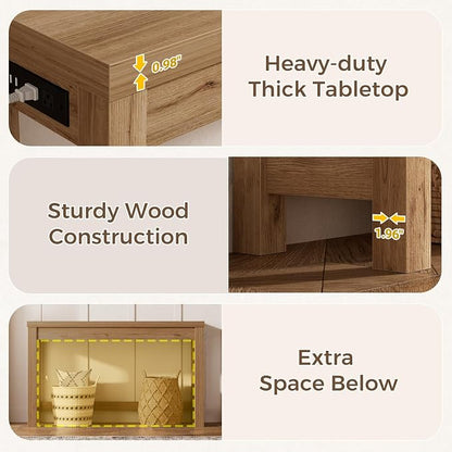 Cyclysio 47" Console Table with Charging Station, 13.8" Deep Farmhouse Sofa Table Behind Couch with 2 AC Outlets & 3 USB Ports, Entryway TV Console or Compact Home Office Desk, Natural Oak