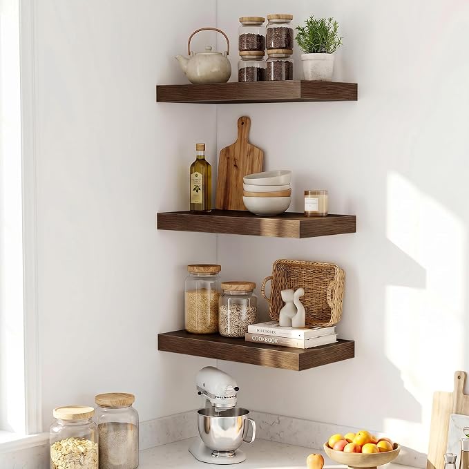 Fun Memories Wood Floating Shelves 20 Inch, 10 Inch Deep Shelves Wall Mount, Wall Shelves with Invisible Bracket, 20" Floating Shelves for Living Room Bathroom Bedroom, Walnut, Set of 2