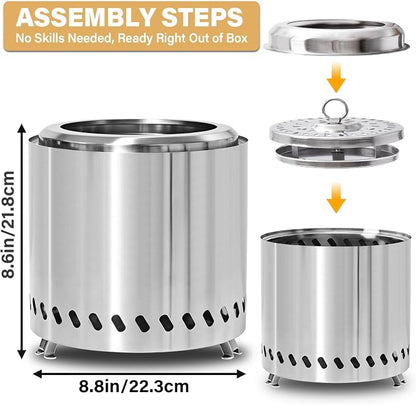 HGD Small Tabletop Fire Pit 8.8 x 8.6 in, Portable Mini Smokeless Table Top Firepit, Low Smoke Camping Stove for Outdoor & Patio, Fueled by Pellets or Wood, with Travel Bag, Stainless Steel, Silver