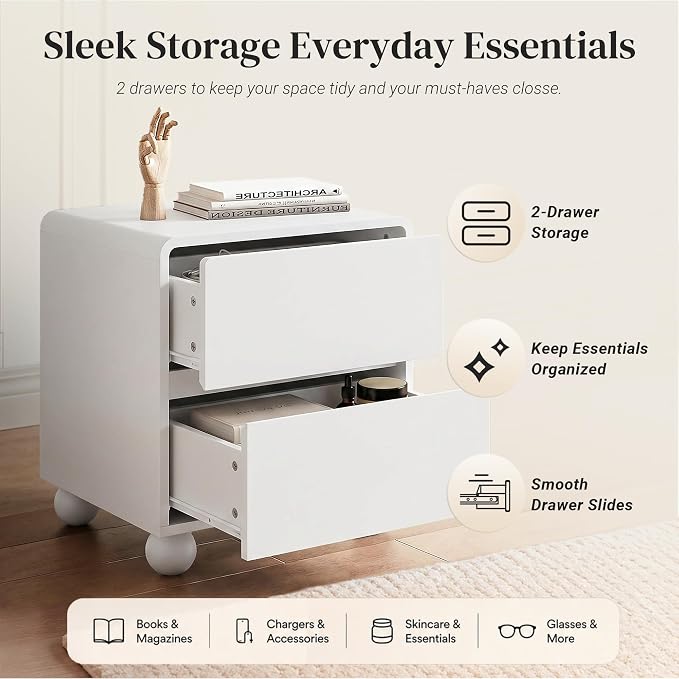 Furniway White Nightstand Set of 2, Modern 2 Drawer Bedside Table with Curved Profile Design and Handle-Free Drawers, Modern End Table with Storage for Bedroom