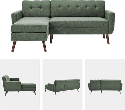 Kingfun L Shaped Couch, 80" W Mid-Century Modern Sofa, Sectional Couches, 3 Seater Sofas with Wide Chaise Lounge, Button Tufted Upholstered Sectional Sofa for Living Room, Bedroom, Green