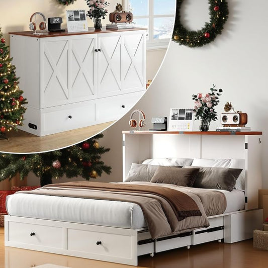 Mjkone Queen Murphy Bed, Hidden Cube Cabinet Bed with Tri-Fold Mattress, Built-in USB Charging Station & 2 Storage Drawers, Wall Cabinet Chest Beds for Living Room Guest Room, White