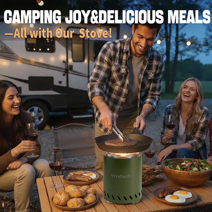 Smokeless Tabletop Fire Pit, VivaGarden Portable Outdoor Fire Pit for Camping, Patio, Backyard, Wood and Pellets Burning Camping Stove with Carry Bag, Forks, Mat and Pot Stand (9.7x7.1 Inch, Green)