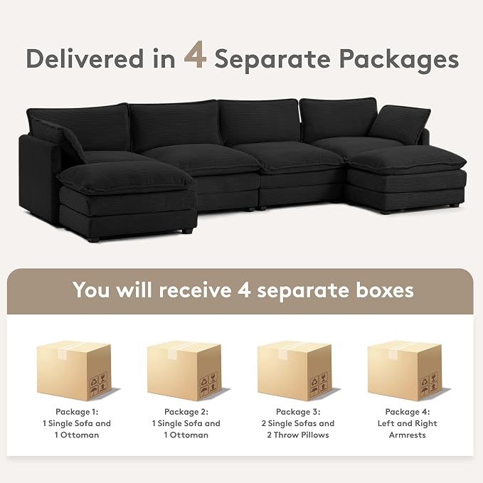 ROWHY 148'' Sectional Cloud Couch with 2 Ottomans, Oversized 4 Seat Sleeper Sofa with 2 Throw Pillows, Convertible Upholstered U Shaped Cozy Sofa Furniture Set for Living Room and Office, Black