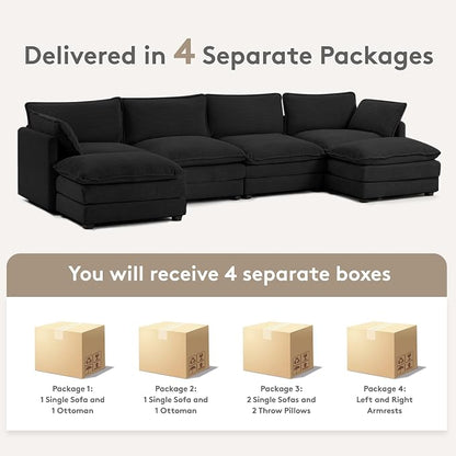 ROWHY 148'' Sectional Cloud Couch with 2 Ottomans, Oversized 4 Seat Sleeper Sofa with 2 Throw Pillows, Convertible Upholstered U Shaped Cozy Sofa Furniture Set for Living Room and Office, Black
