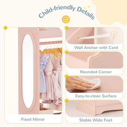 Curipeer Kids Dress up Storage with Mirror, Kids Wardrobe with Storage & 3 Hooks, Kids Closet for Girls Boys, Kids Costume Organizer, Open Hanging Armoire Wardrobe Closet for Bedroom, Pink