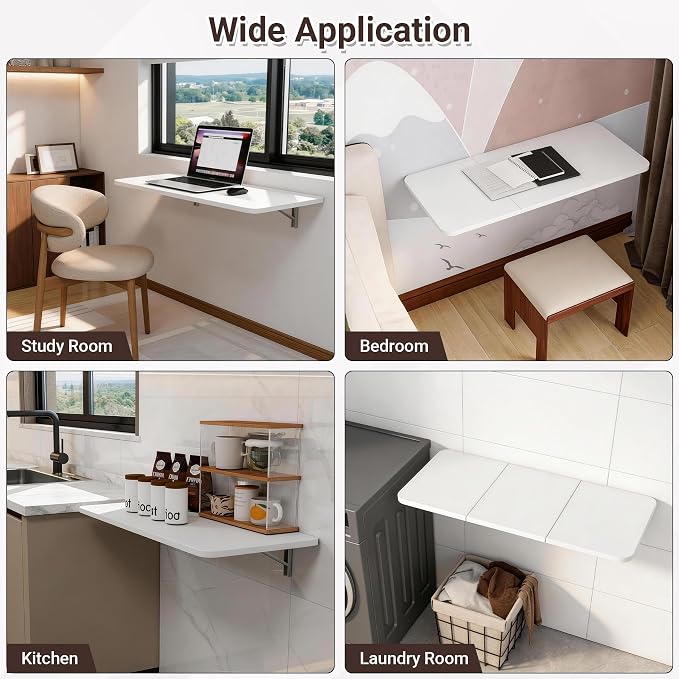 Neoaider Wall Mounted Folding Desk 35.4” x 15.7”, White | Drop Down Table with Metal Collapsible Brackets, Folding Wall Table for Small Spaces, Home, Office, Kitchen, Laundry Room