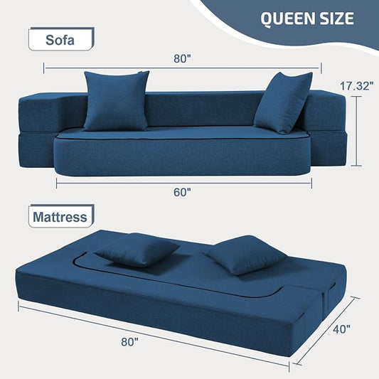 SUYOLS 2-in-1 Folding Sofa Bed with Pillows - Folding Chair Floor Couch & Sleeping Mattress - Washable Cover & Memory Foam Sleeper Chair for Living Room/Guest Room/Apartment/Loft, Navy Blue, Twin XL