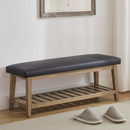 Zihanhome Entryway Bench, PU Leather Upholstered Shoe Benches for Bedroom, Ottoman Bench with Solid Wood Shelf, Storage Bench for Hallway, Living Room(Black)