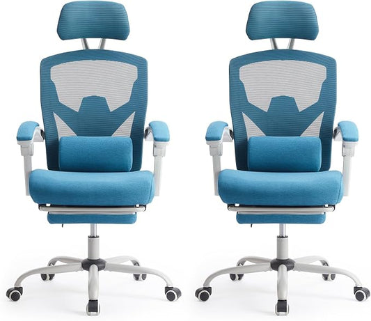 Sweetcrispy Office Computer Desk Chair Set of 2, Ergonomic High-Back Mesh Rolling Work Swivel Chairs with Wheels, Comfortable Lumbar Support, Comfy Arms for Home, Bedroom, Study, Student, Blue