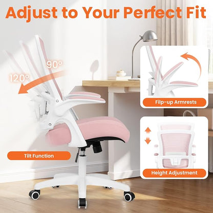 NEO Chair Office Desk Gaming Chair Computer High Back Mesh Seat with Rolling Wheels Ergonomic Adjustable Comfy Flip-up Armrests Lumbar Support Height for Home (Pink White Frame)