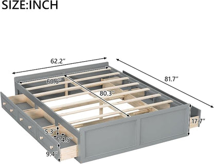 Merax Wood Queen Size Platform Bed Frame with 6 Drawers, Storage Bed Frame Without Headboard for Kids Teens and Adults, Gray