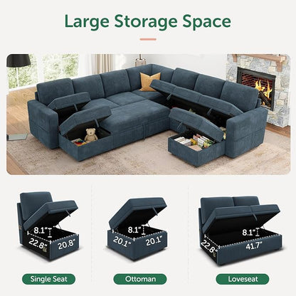 HONBAY Modular Sectional Sleeper Sofa with Pull Out Couch, Corduroy Oversized Sectional Couches Pull Out Bed with U Shaped Sleeper Storage for Living Room - Blue