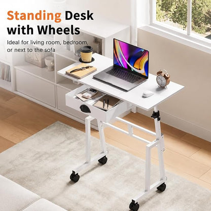 Honkazita Height Adjustable Standing Desk with Storage Drawer, Rolling Desk for Walking Pad, Small Sit-Stand Desk with Lockable Wheels, Height Range 31.5"-43.3", White, Stable Design