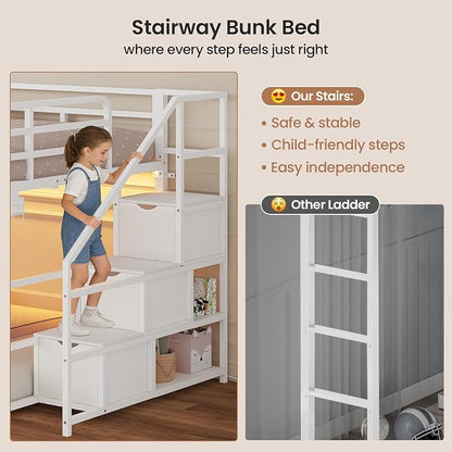 ADORNEVE Low Bunk Bed Full Over Full with Stairs, 3 Storage Drawers & Power Outlet, Full Size Metal Floor Bunk with RGB Lights & Shelves, Space-Saving Kids Bed, White