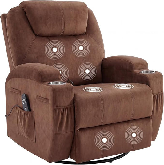 JUMMICO Small Swivel Rocker Recliner, 360 Rocking Chair Recliner with Massage, Upholstered Fabric Rocker Recliner with Cup Holder for Living Room, Bedroom, Nursery (Brown)