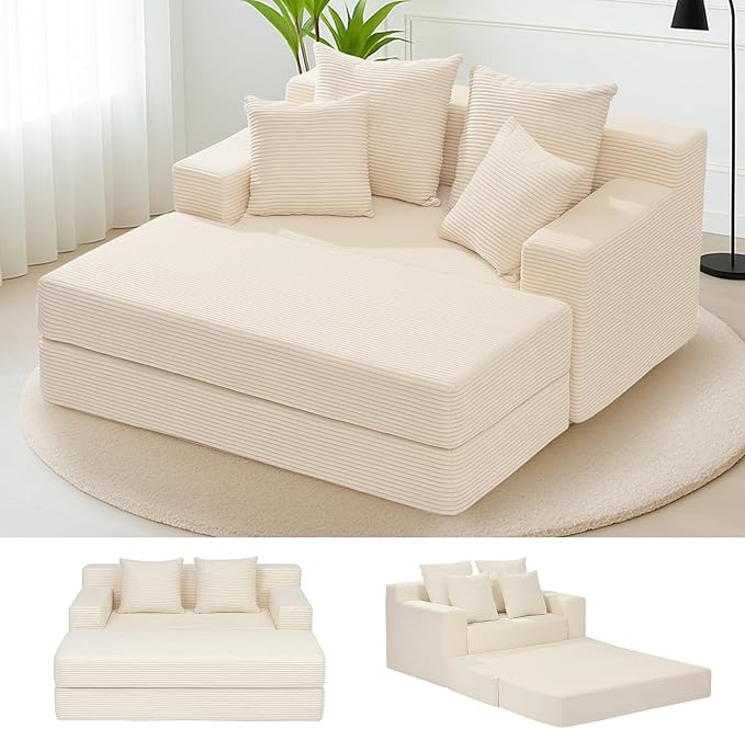 cidludto Convertible Futon Sofa Bed with Ottoman, 5 in 1 Folding Couch Bed Loveseat, Corduroy Boneless Couch with Deep Seat for Living Room Chaise Lounge Chair Indoor, No Assembly Required, Beige