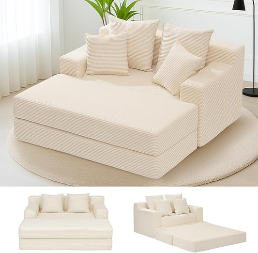cidludto Convertible Futon Sofa Bed with Ottoman, 5 in 1 Folding Couch Bed Loveseat, Corduroy Boneless Couch with Deep Seat for Living Room Chaise Lounge Chair Indoor, No Assembly Required, Beige