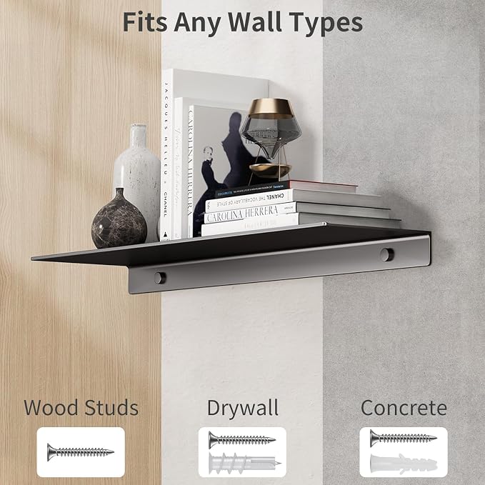 Danpoo 20 inch Floating Shelf for Wall Organizer & Storage, Mini Display Shelf, Metal Wall Shelf for Bathroom, Living Room, Kitchen, Bedroom(Matte Black)