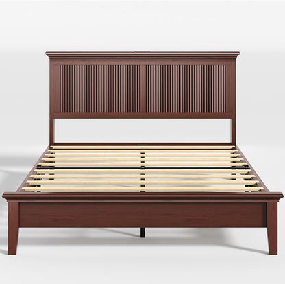 Lifezone Queen Bed Frame with Headboard, Solid Wood Bed Frame Queen Size with Charging Station & RGB LED, Wood Slats Support, Noise-Free, Sturdy Structure, Easy Assembly, Mahogany