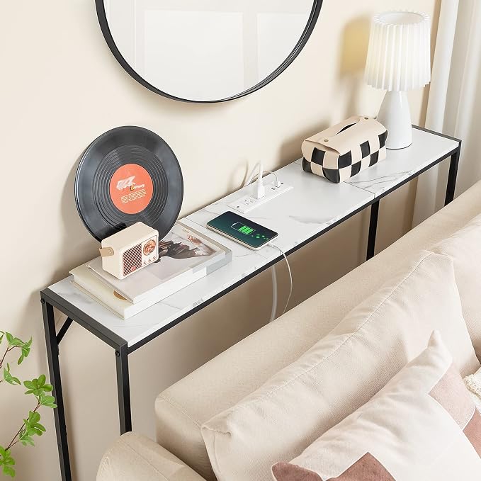 MAHANCRIS Console Table, Narrow Sofa Table Behind Couch, 43.7” Entrance Table with Power Station, Simple Style, for Living Room, Hallway, Entryway, Foyer, Marble and Black CTHM112E01