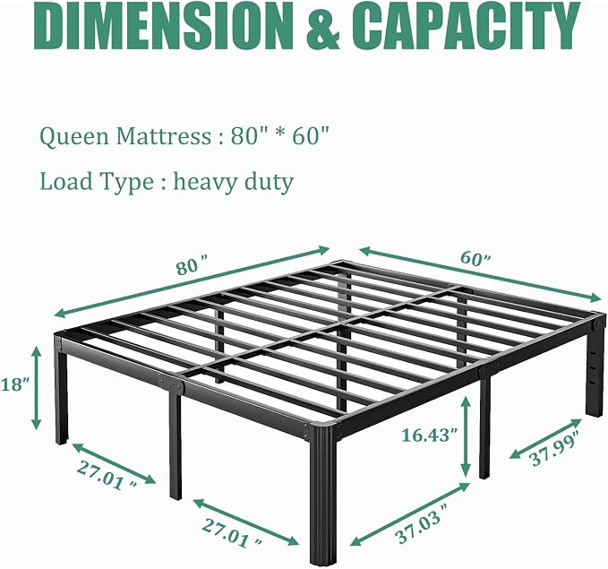 18 Inch High Platform Metal Queen Size Bed Frame, Queen Bed Frameno Box Spring Needed, Easy Assembly, Heavy Duty, Noise Free, Black