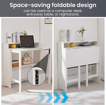 Fold Out Desk with Power Outlets, Small Foldable Table with Storage Shelf,Space-Saving Hidden Desk for Bedroom, Living Room & Office (White)