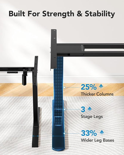HUANUO Height Adjustable Electric Standing Desk Frame, 3 Stage Leg Dual Motors Sit Stand Desk Frame with Memory Controller for Home Office, for Max 75″ x 35″ Desktop, Frame Only, Black