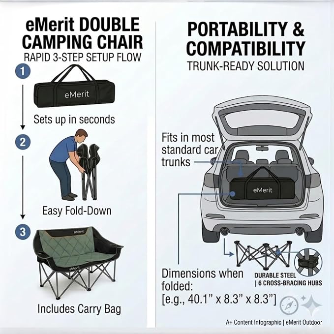 EMERIT Oversized Fully Padded Camping Chair, Heavy Duty 650LB Folding Camping Loveseat, Quad Fold Double Camping Couch with Cup Holders & Carry Bag for Outdoor, Lawn, Sports Events Black
