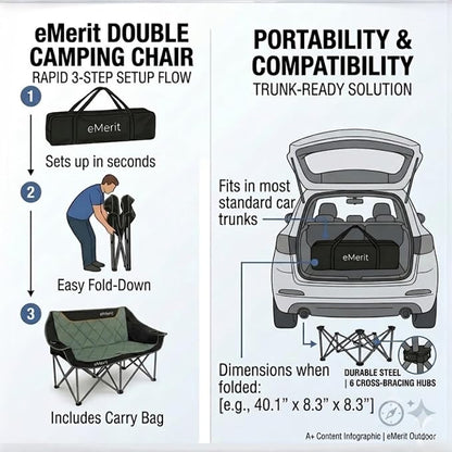 EMERIT Oversized Fully Padded Camping Chair, Heavy Duty 650LB Folding Camping Loveseat, Quad Fold Double Camping Couch with Cup Holders & Carry Bag for Outdoor, Lawn, Sports Events Black