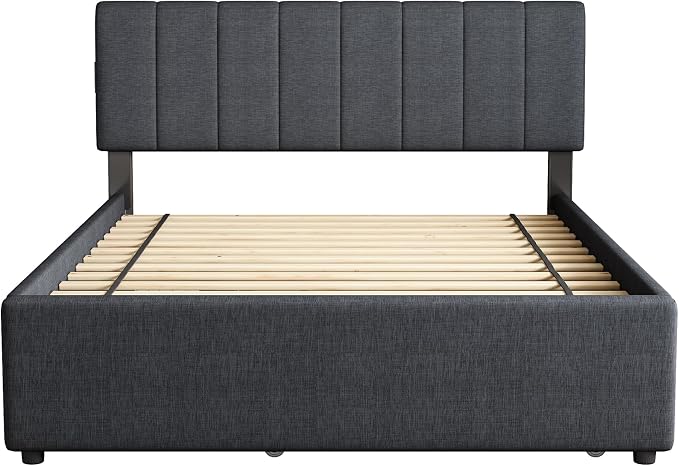 Full Size Upholstered Platform Bed w/Trundle Bed & 2 Storage Drawers | Twin Size Trundle,Two Drawers,LED Lighting Controlled by APP, USB+Type-C Charging Ports,Linen Upholstered Bed Frame,Dark Grey