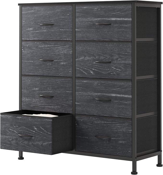Sweetcrispy 8 Drawer Fabric Dresser for Bedroom, Tall Dresser, Black Wood | Chest of Drawers with Sturdy Steel Frame and Wooden Top, Storage Organizer with Easy Pull Handles